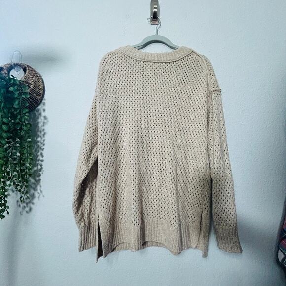 NEW Aerie Womens Open Knit Oversized V-Neck Sweater Medium Y2K Tan Minimalist - Picture 4 of 10